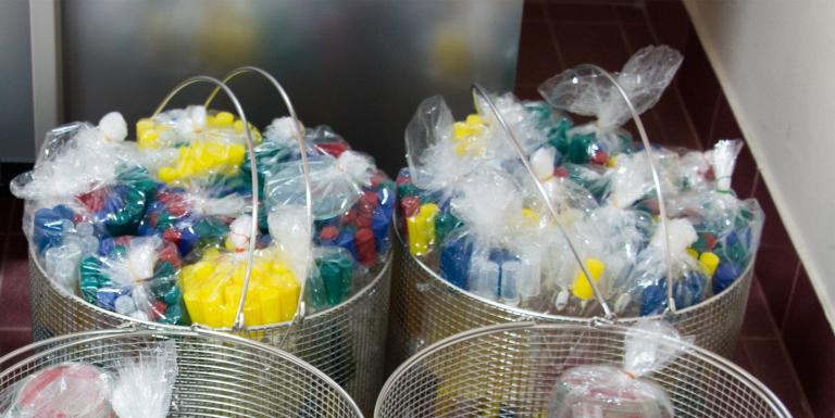 Bags of biohazardous laboratory waste