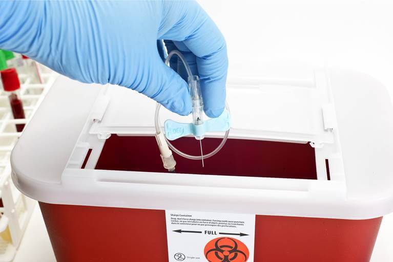 Sharp waste being disposed of in a regulated medical sharps waste container